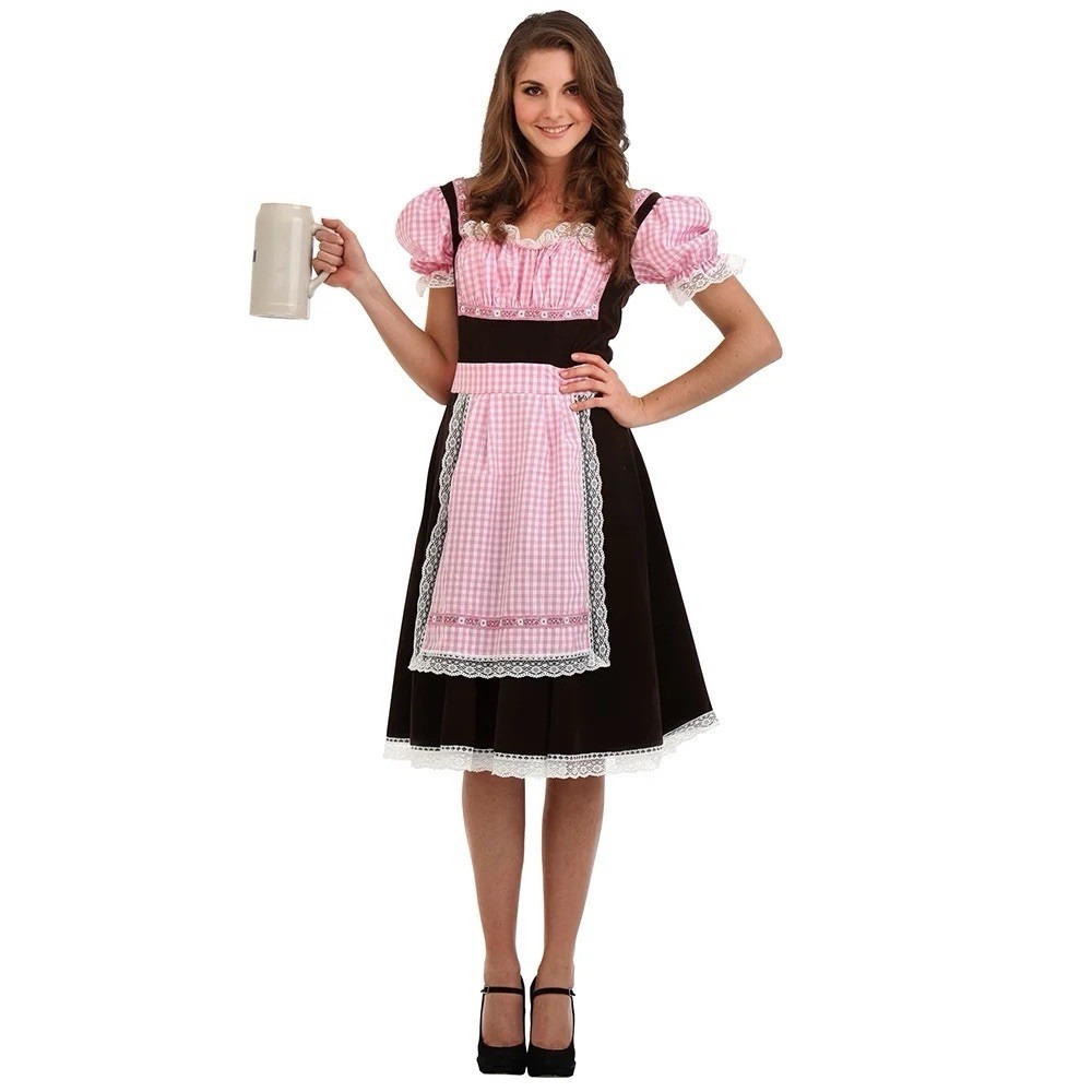 Hauntlook Bavarian Beer Maid Costume Pink‎ Gingham Dirndl Dress Women Medium NEW